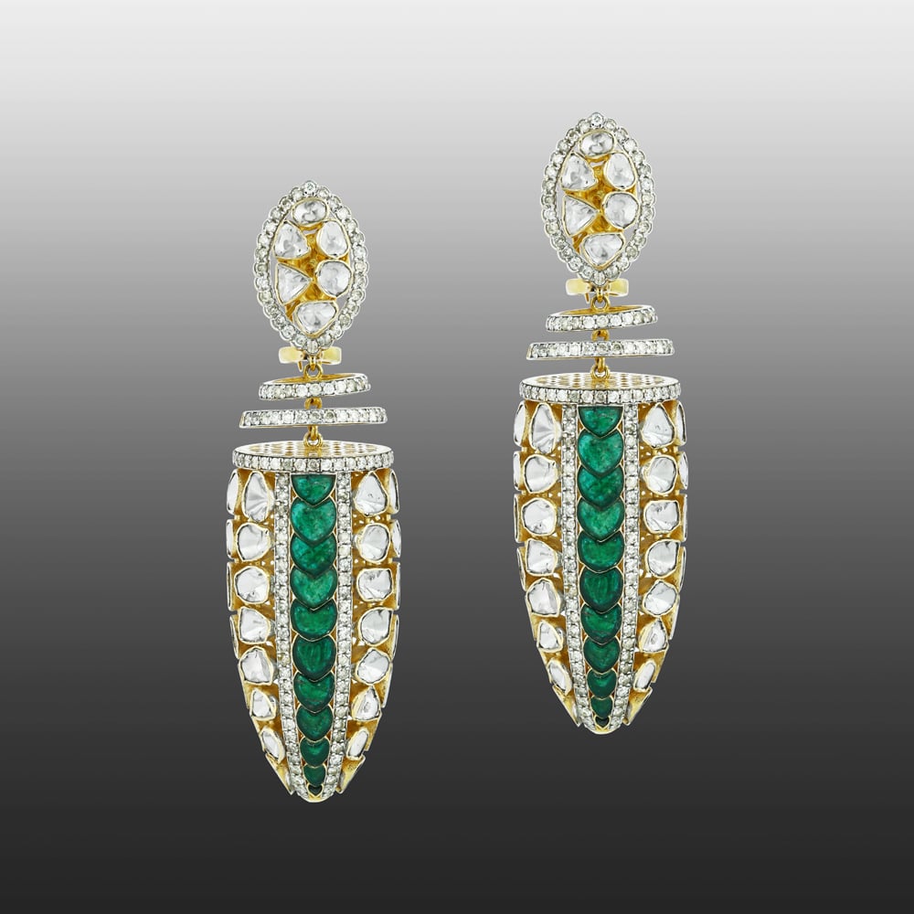 Polki Earrings with Emerald Talafs and Layered Gold Rings